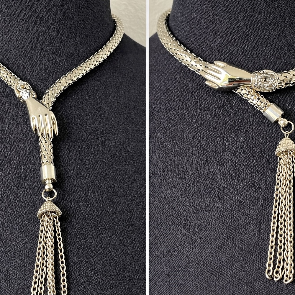 NEW DL Auld Vintage Mesh Snake Lariat Necklace Choker Silver 70s 80s NOS